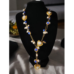 Colier din perle de cultura, sticla Murano si ochi de pisica albastru electric aurite